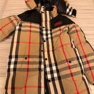 Burberry Tan Black Red Vintage Check Puffer Coat